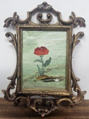 Vtg Mini Hand Painted Poppy Flower Ornate Hong Kong Molded Plastic Framed Signed
